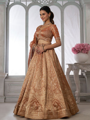 Rajwada Rust Silk Blend Embroidered Semi Stitched Lehenga For Women