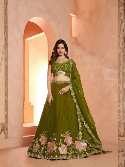 Rajwada Olive Silk Blend Embellished Semi Stitched Lehenga For Women