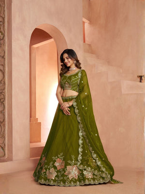 Rajwada Olive Silk Blend Embellished Semi Stitched Lehenga For Women