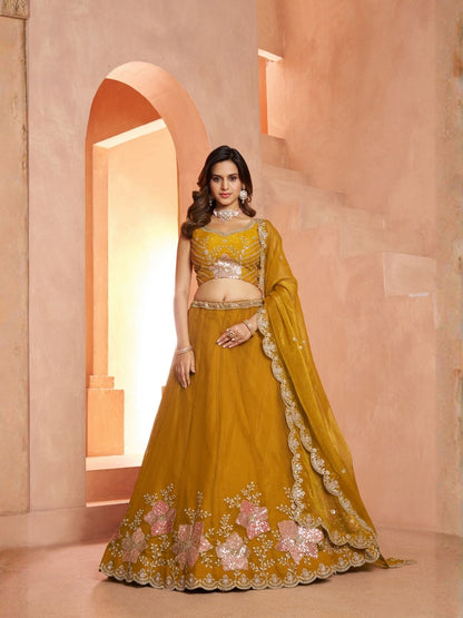 Rajwada Mustard Yellow Silk Blend Embellished Semi Stitched Lehenga For Women