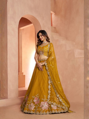 Rajwada Mustard Yellow Silk Blend Embellished Semi Stitched Lehenga For Women