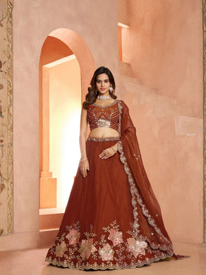 Rajwada Rust Brown Silk Blend Embellished Semi Stitched Lehenga For Women