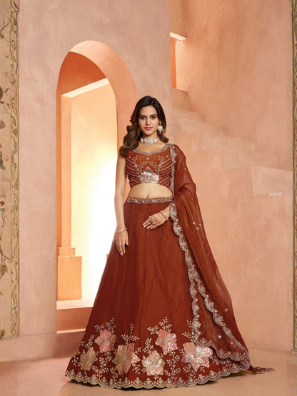 Rajwada Rust Brown Silk Blend Embellished Semi Stitched Lehenga For Women