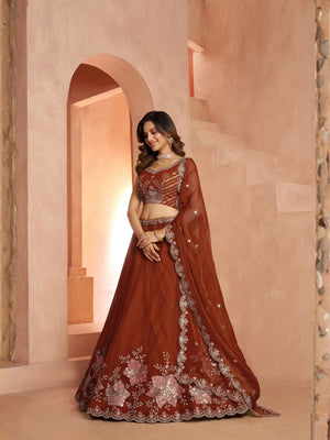 Rajwada Rust Brown Silk Blend Embellished Semi Stitched Lehenga For Women