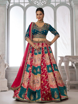 Rajwada Teal Blue And Pink Silk Blend Embellished Semi Stitched Lehenga For Women