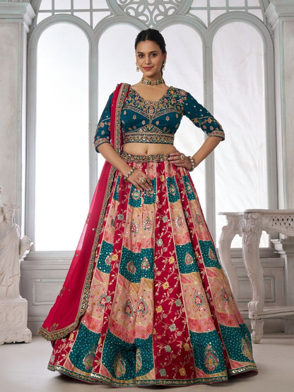 Rajwada Teal Blue And Pink Silk Blend Embellished Semi Stitched Lehenga For Women