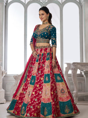 Rajwada Teal Blue And Pink Silk Blend Embellished Semi Stitched Lehenga For Women