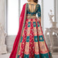 Rajwada Teal Blue And Pink Silk Blend Embellished Semi Stitched Lehenga For Women