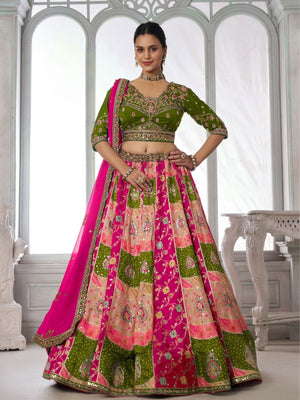 Rajwada Olive And Pink Silk Blend Embellished Semi Stitched Lehenga For Women