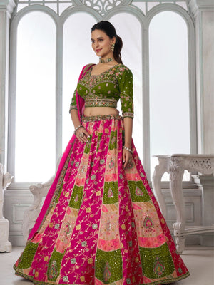 Rajwada Olive And Pink Silk Blend Embellished Semi Stitched Lehenga For Women