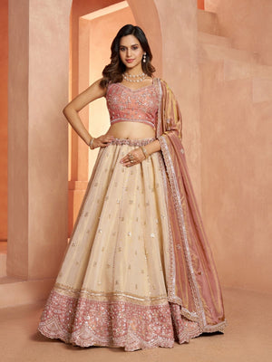 Rajwada Cream Silk Blend Embellished Semi Stitched Lehenga For Women