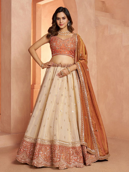Rajwada Cream Silk Blend Embellished Semi Stitched Lehenga For Women