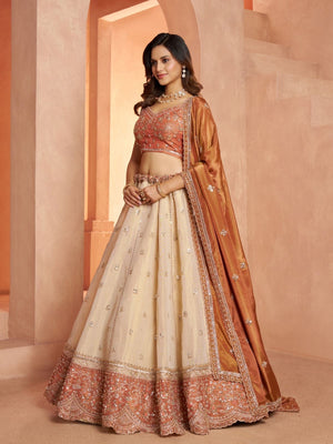 Rajwada Cream Silk Blend Embellished Semi Stitched Lehenga For Women