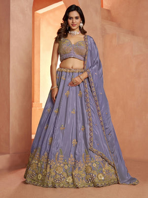 Rajwada Dusty Lavender Silk Blend Embroidered Semi Stitched Lehenga For Women