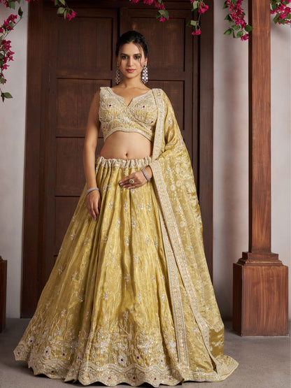 Rajwada Light Yellow Silk Blend Embellished Semi Stitched Lehenga For Women