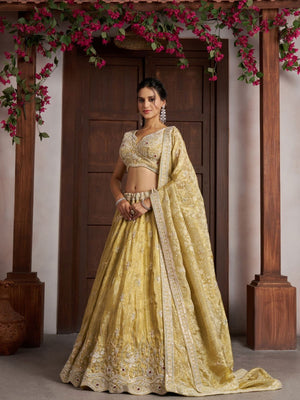 Rajwada Light Yellow Silk Blend Embellished Semi Stitched Lehenga For Women