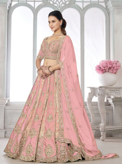Rajwada Pastel Pink Silk Blend Embellished Semi Stitched Lehenga For Women