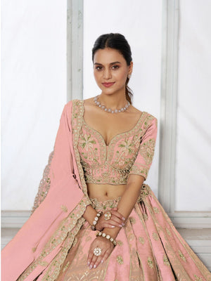 Rajwada Pastel Pink Silk Blend Embellished Semi Stitched Lehenga For Women