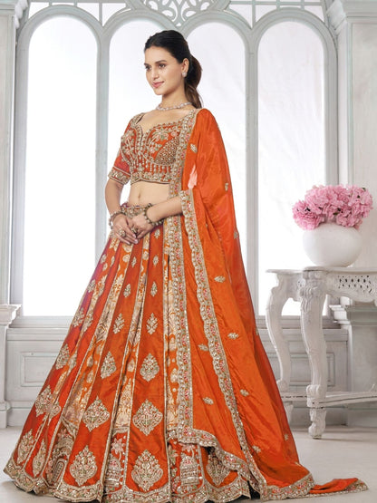 Rajwada Orange Silk Blend Embellished Semi Stitched Lehenga For Women