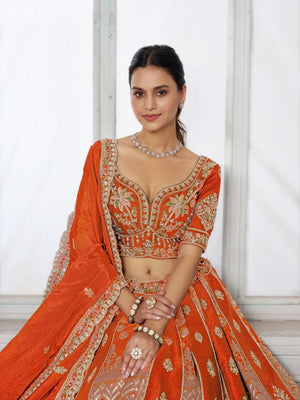 Rajwada Orange Silk Blend Embellished Semi Stitched Lehenga For Women