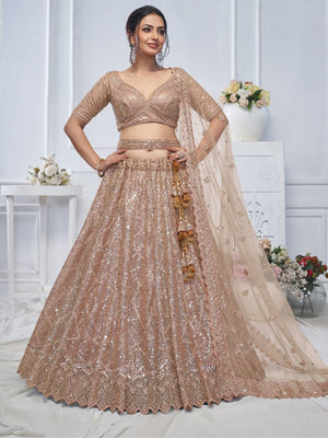 Rajwada Light Brown Soft Net Embroidered Semi-Stitched Lehenga With Unstitched Blouse For Women