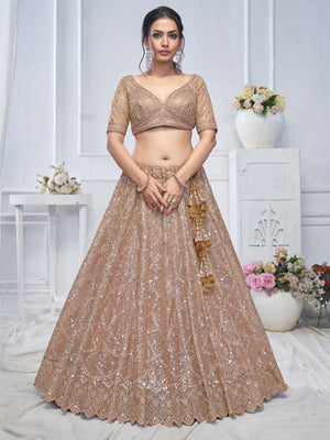 Rajwada Light Brown Soft Net Embroidered Semi-Stitched Lehenga With Unstitched Blouse For Women