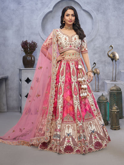 Rajwada Pink Organza  Embroidered Semi-Stitched Lehenga With Unstitched Blouse For Women