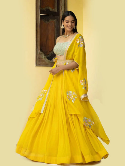 Rajwada Women Yellow Georgette Semi Stitched Lehenga With  Unstitched Blouse