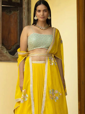 Rajwada Women Yellow Georgette Semi Stitched Lehenga With  Unstitched Blouse