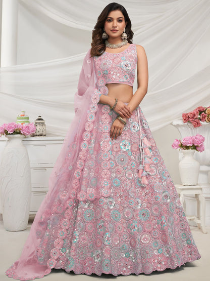 Rajwada Mauve Soft Net Embroidered Semi Stitched Lehenga With Unstitched Blouse For Women