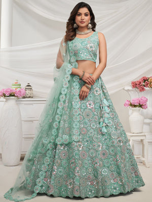 Rajwada Sky Blue Soft Net Embroidered Semi Stitched Lehenga With Unstitched Blouse For Women