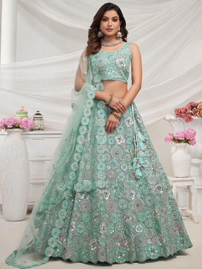 Rajwada Sky Blue Soft Net Embroidered Semi Stitched Lehenga With Unstitched Blouse For Women