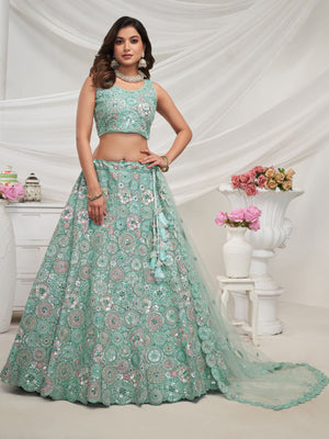 Rajwada Sky Blue Soft Net Embroidered Semi Stitched Lehenga With Unstitched Blouse For Women