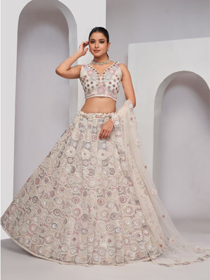 Rajwada White Soft Net Embroidered Semi Stitched Lehenga With Unstitched Blouse For Women