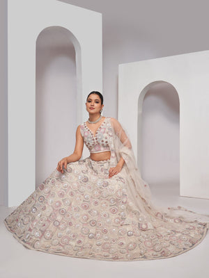 Rajwada White Soft Net Embroidered Semi Stitched Lehenga With Unstitched Blouse For Women