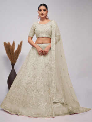 Rajwada White Soft Net Embroidered Semi Stitched Lehenga With Unstitched Blouse For Women