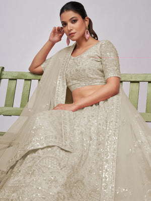 Rajwada White Soft Net Embroidered Semi Stitched Lehenga With Unstitched Blouse For Women