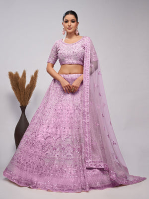 Rajwada Pink Soft Net Embroidered Semi Stitched Lehenga With Unstitched Blouse For Women