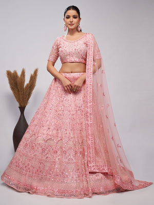 Rajwada Peach Soft Net Embroidered Semi Stitched Lehenga With Unstitched Blouse For Women