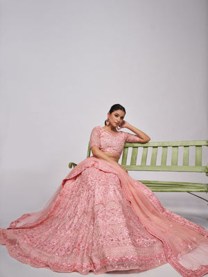 Rajwada Peach Soft Net Embroidered Semi Stitched Lehenga With Unstitched Blouse For Women