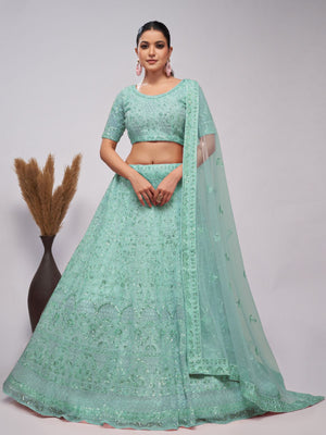 Rajwada Sky Blue Soft Net Embroidered Semi Stitched Lehenga With Unstitched Blouse For Women
