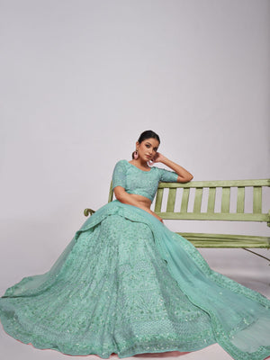 Rajwada Sky Blue Soft Net Embroidered Semi Stitched Lehenga With Unstitched Blouse For Women