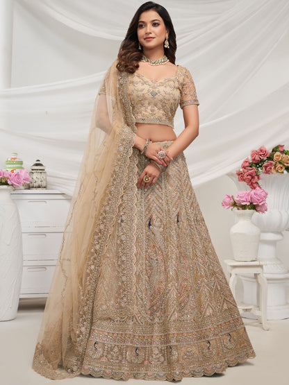 Rajwada Cream Soft Net Embroidered Semi Stitched Lehenga With Unstitched Blouse For Women