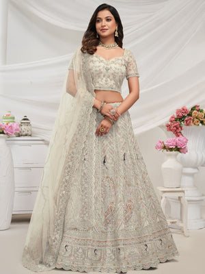 Rajwada White Soft Net Embroidered Semi Stitched Lehenga With Unstitched Blouse For Women