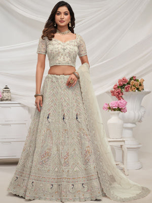 Rajwada White Soft Net Embroidered Semi Stitched Lehenga With Unstitched Blouse For Women