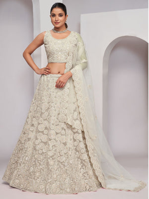Rajwada White Soft Net Embroidered Semi Stitched Lehenga With Unstitched Blouse For Women