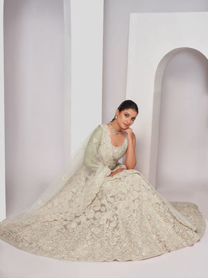 Rajwada White Soft Net Embroidered Semi Stitched Lehenga With Unstitched Blouse For Women