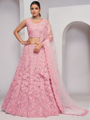 Rajwada Pink Soft Net Embroidered Semi Stitched Lehenga With Unstitched Blouse For Women