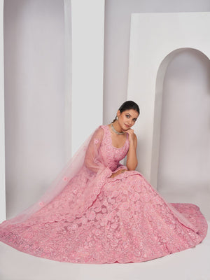 Rajwada Pink Soft Net Embroidered Semi Stitched Lehenga With Unstitched Blouse For Women