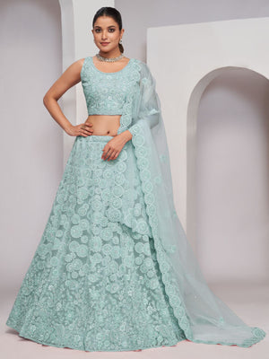Rajwada Sky Blue Soft Net Embroidered Semi Stitched Lehenga With Unstitched Blouse For Women